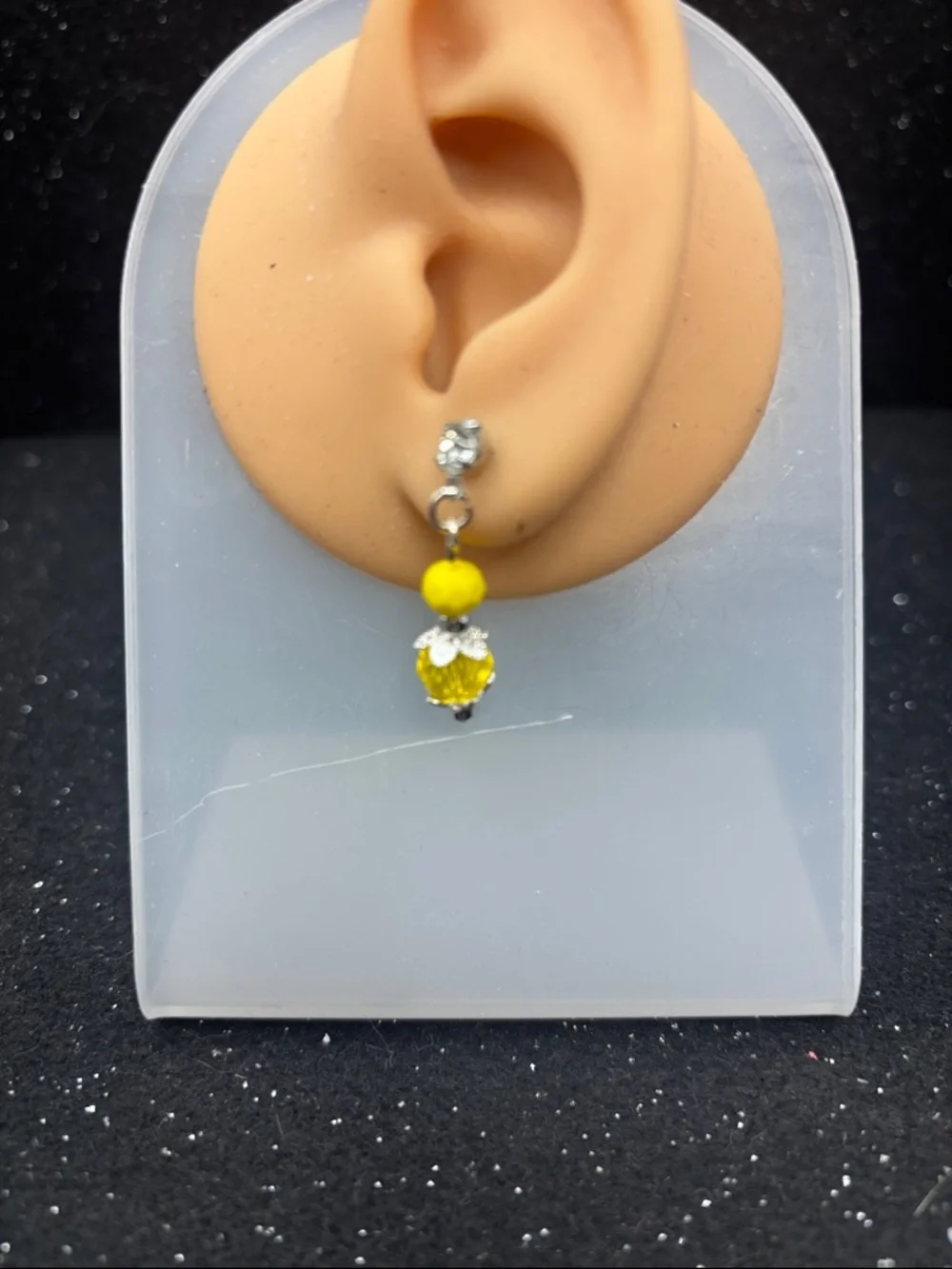 Silver Tone Yellow Crystal Beaded Dangle Earrings - Picture 3 of 4